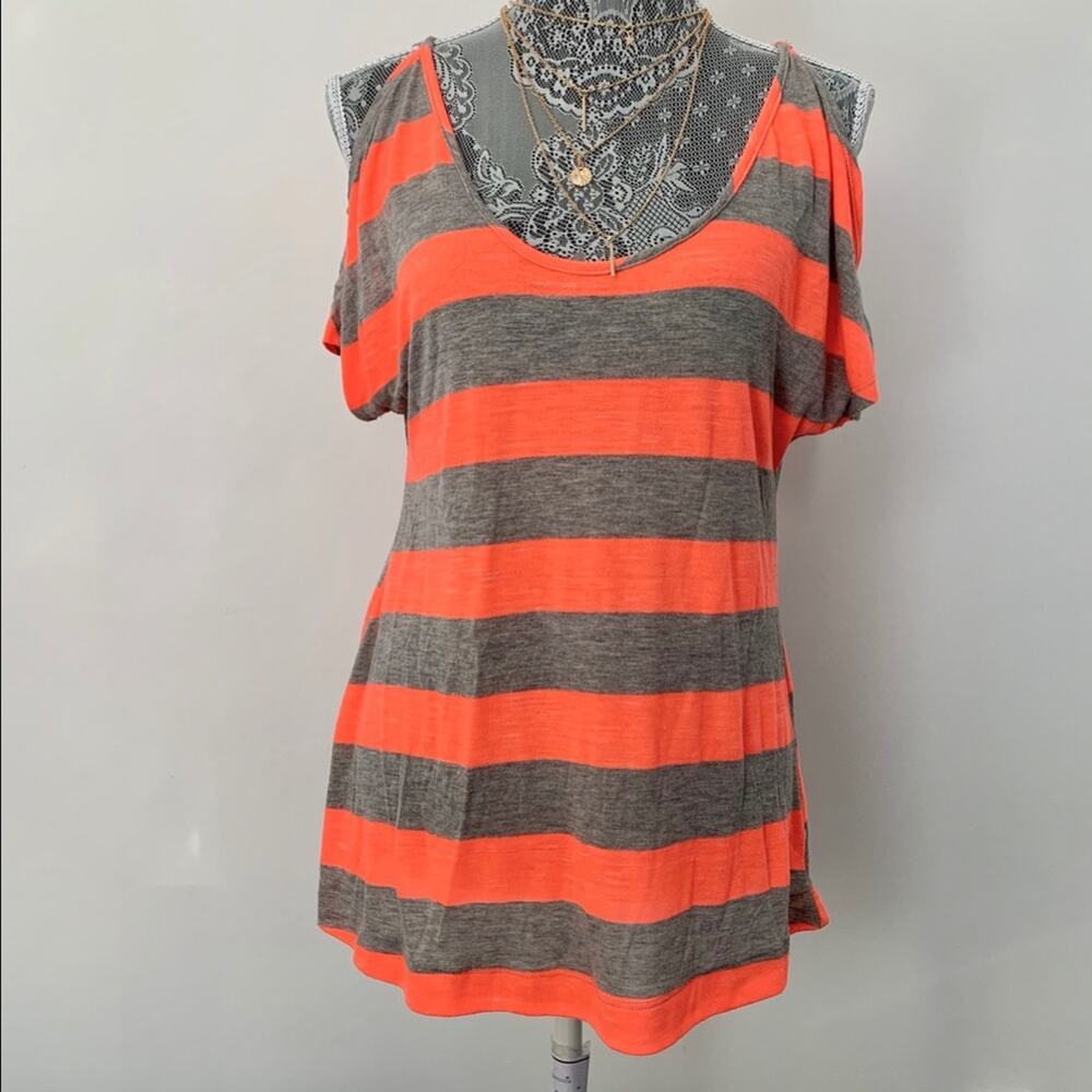 TART Womens Neon Orange and Grey Stripped Cold Shoulder Tunic Top Size Small